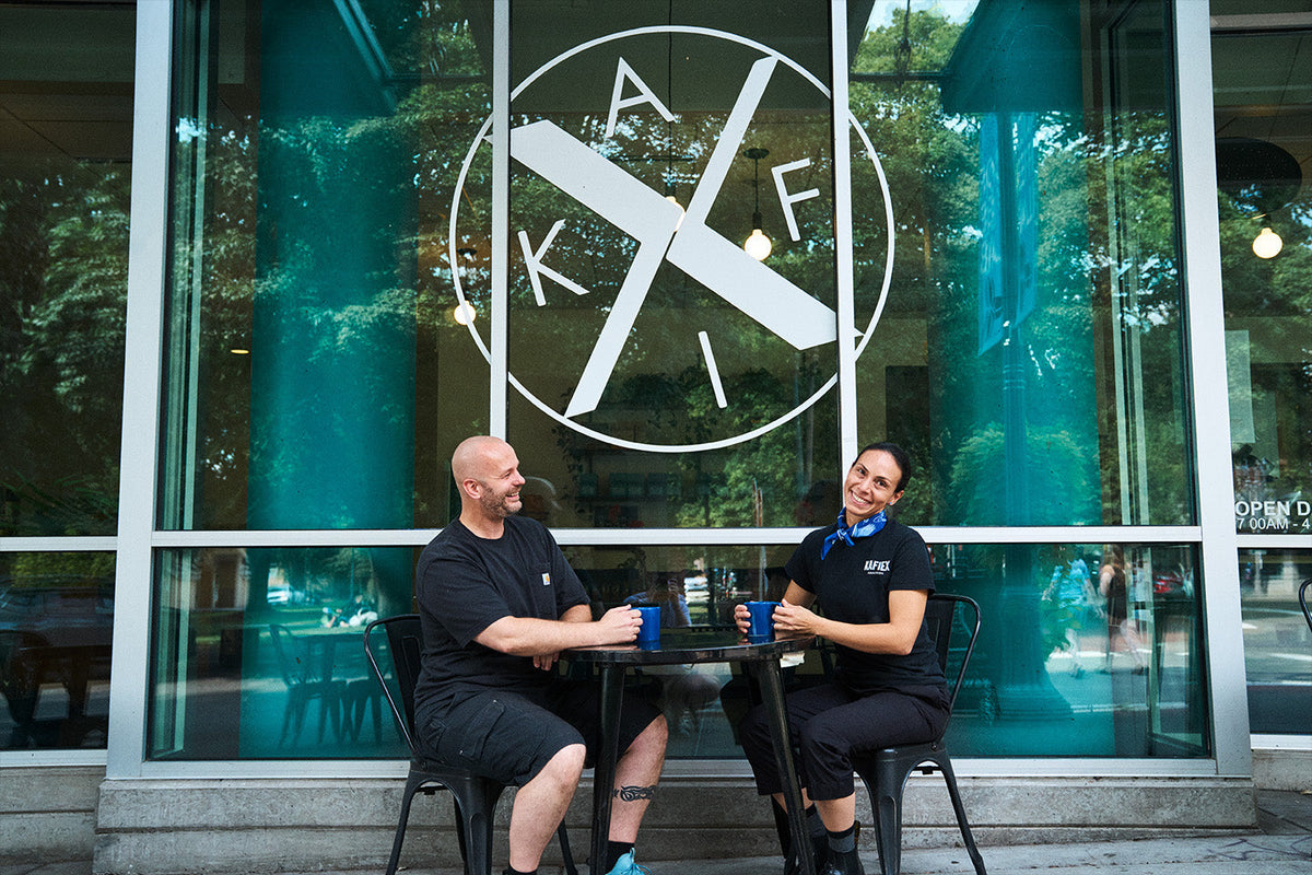 Kafiex co-founders Matthew and Seidy Selivanow sharing coffee outside Coffee Lab in Vancouver, Washington
