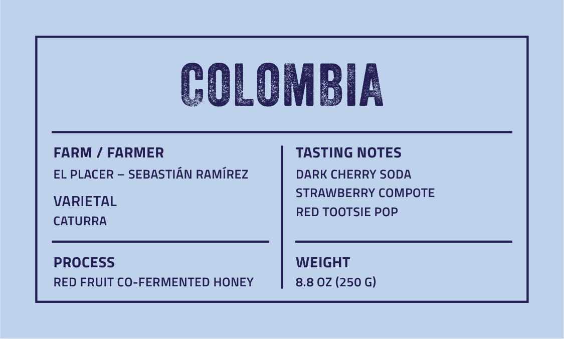 A flat blue label-style graphic with dark navy text reading 'COLOMBIA' at the top and product details below, including farm/farmer, varietal, Caturra, tasting notes, process, and weight 8.8 oz (250 g).