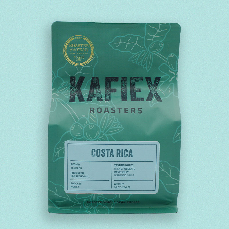 Costa Rica Tarrazú San Diego Honey process light roast coffee — milk chocolate, raspberry and warming spice notes