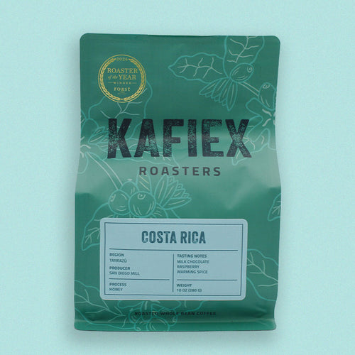 Costa Rica Tarrazú San Diego Honey process light roast coffee — milk chocolate, raspberry and warming spice notes