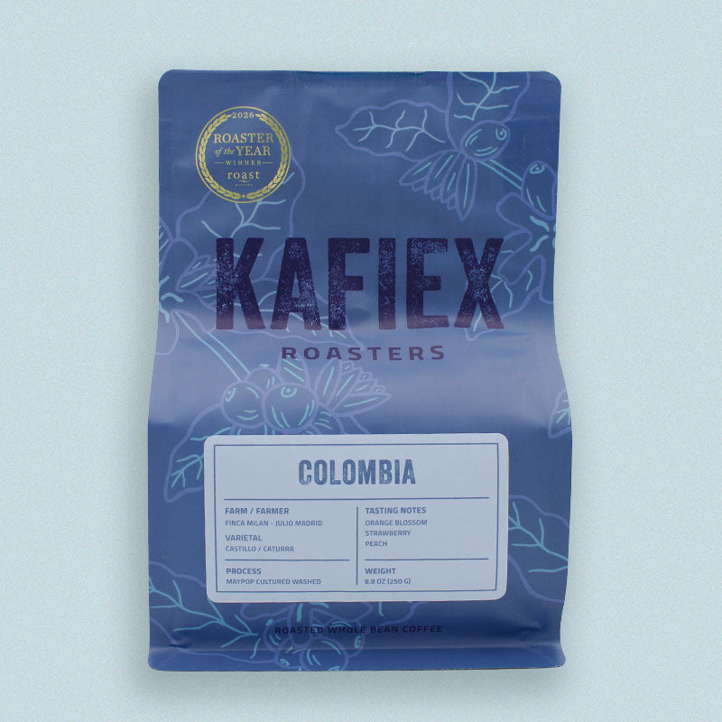 Julio Cesar Madrid Finca Milán Maypop Cultured Washed light roast coffee, Pereira Colombia — orange blossom and strawberry notes