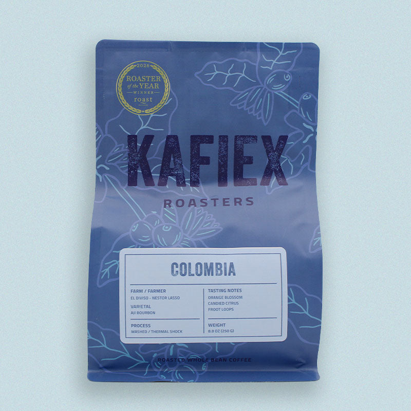 Nestor Lasso El Diviso Aji Bourbon Washed light roast coffee, Huila Colombia — orange blossom and candied citrus notes