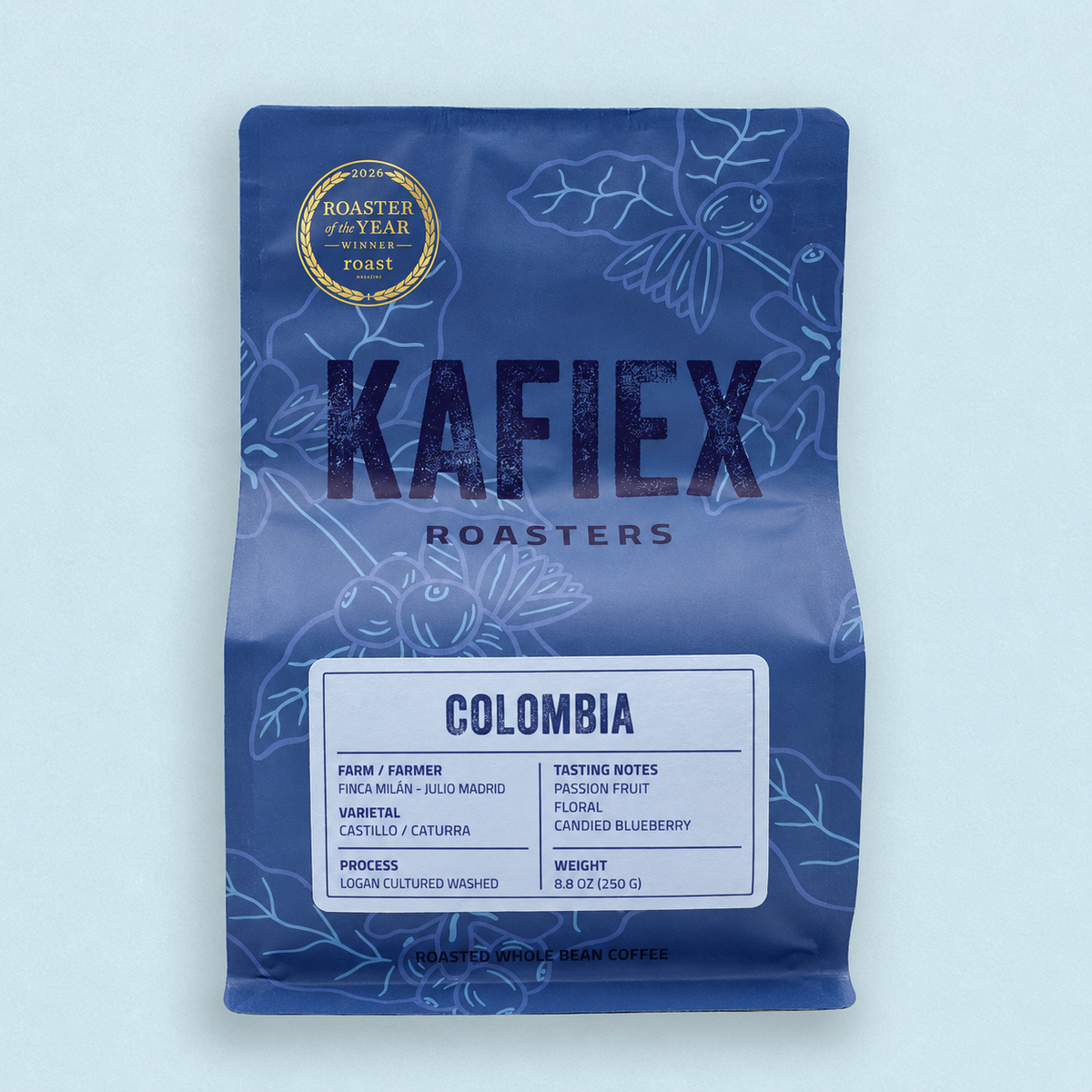 Kafiex Roasters Logan Cultured Washed Reserve coffee, 8.8 oz (250 g), with passion fruit, floral and candied blueberry tasting notes; product mockup.