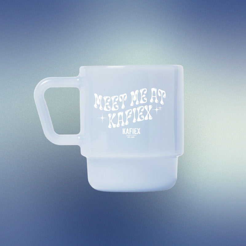 Meet Me at Kafiex 8 oz Mist milk glass mug with white lettering